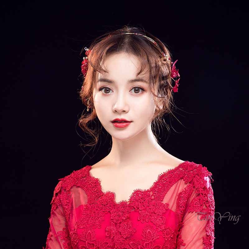 Băng đô cài tóc GETNOIVAS hình lá cây bằng hợp kim màu đỏ thời trang cho cô dâu