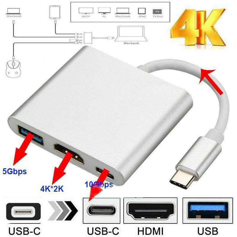 ♔P&M♚ 3 in 1 or Macbook / Universal Type-C Cell Phones USB 3.1 Type C to USB-C 4K HDMI USB 3.0 Hub Adapter Chargers Cables