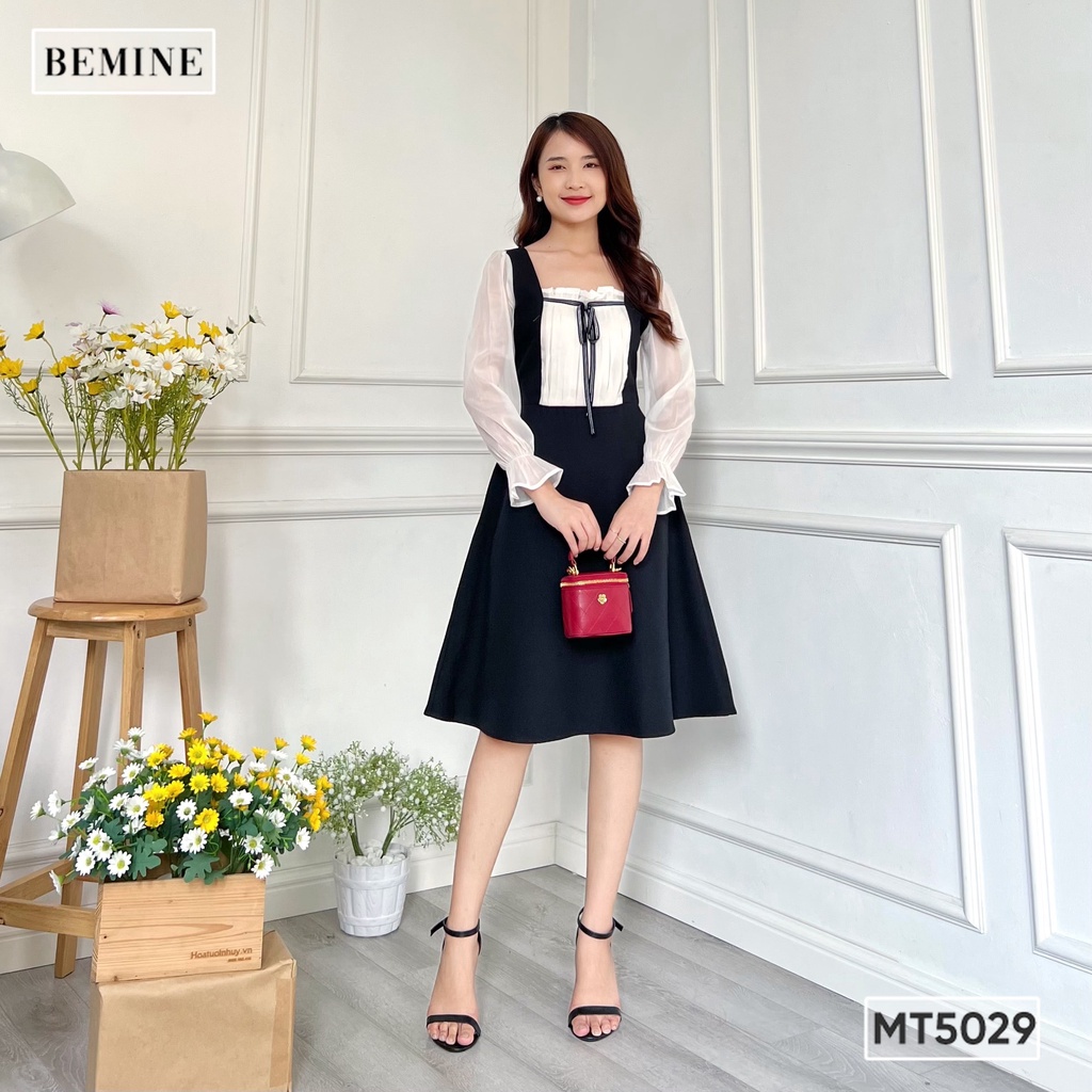 Đầm tay lỡ phối nhún ngực có nơ BEMINE MT5029ĐEN