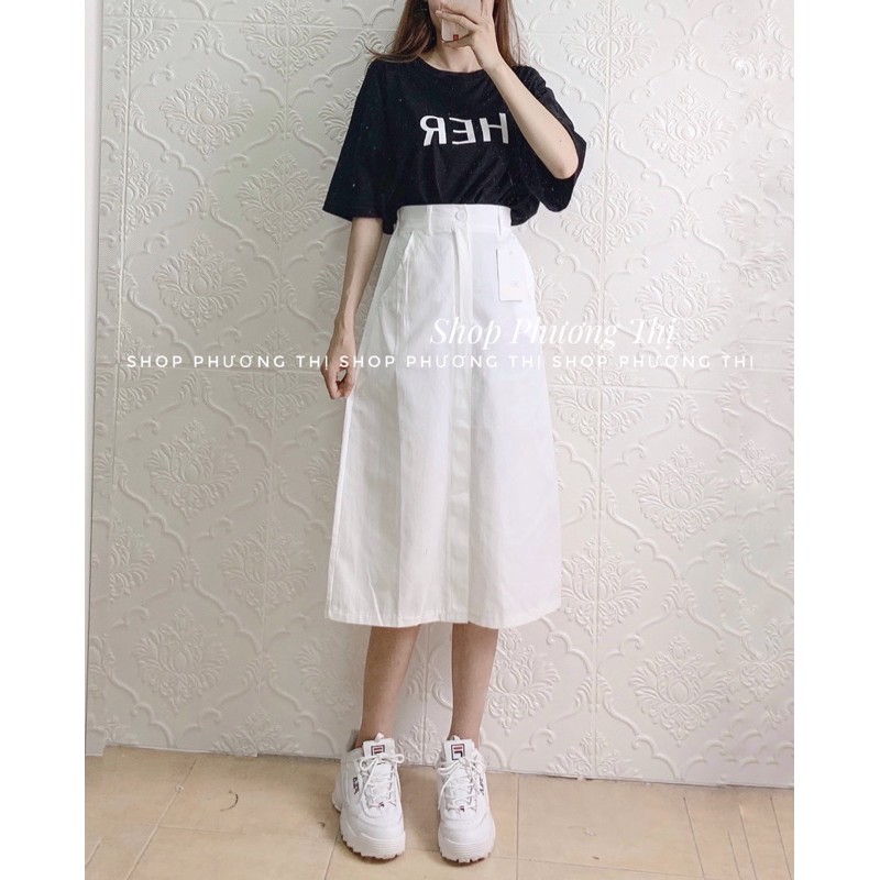Chân váy kaki cạp chun sau dáng dài qua gối (hình shop tự chụp) | BigBuy360 - bigbuy360.vn