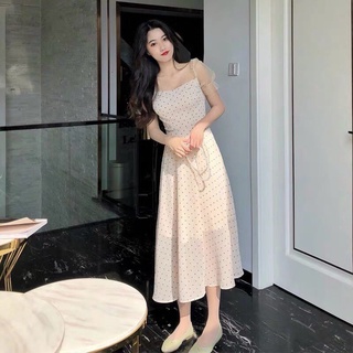 Đầm midi chấm bi phối tay lưới