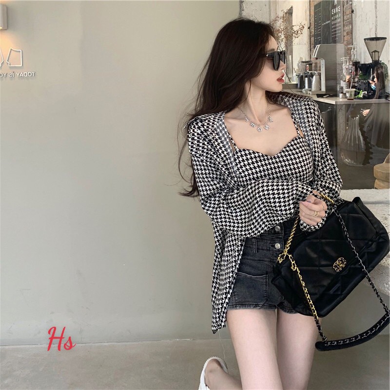 set đồ nữ 🍉Bộ Áo Sơ Mi Áo 2 Dây Kẻ Ô Vuông 🍉Set Áo Khoác Nữ Kèm Áo Ngắn kẻ caro siêu xinh hợp thời trang style trẻ tru