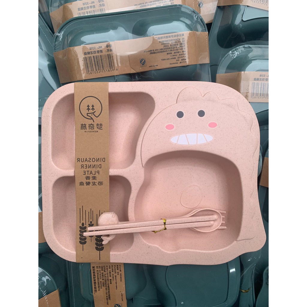 BỘ BÁT ĂN DẶM LÚA MẠCH 6 MÓN DỄ THƯƠNG CHO BÉ (1 khay ăn + 1 bát đựng + 1 cốc + 1 đôi đũa + 1 thìa + 1 dĩa) | BigBuy360 - bigbuy360.vn