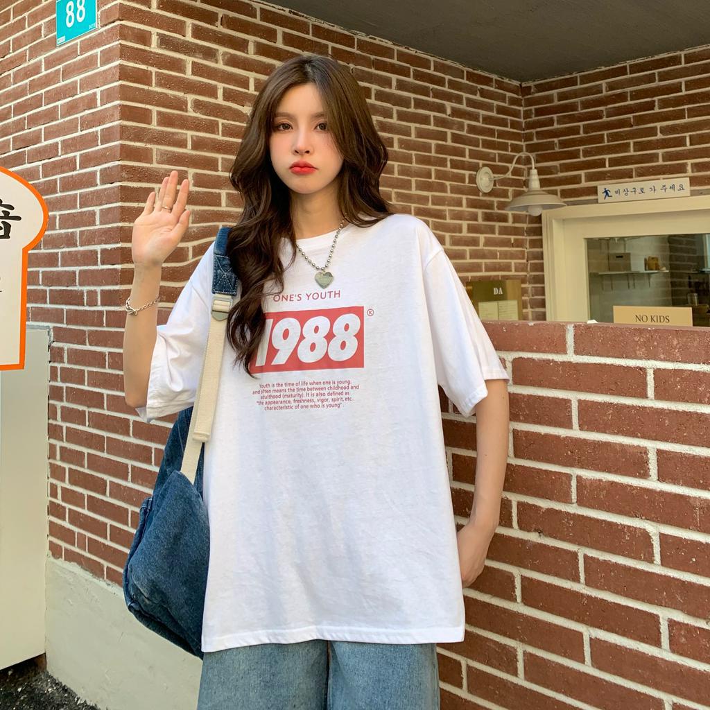 Áo thun tay ngắn dáng rộng in chữ thời trang đơn giản cho nữ