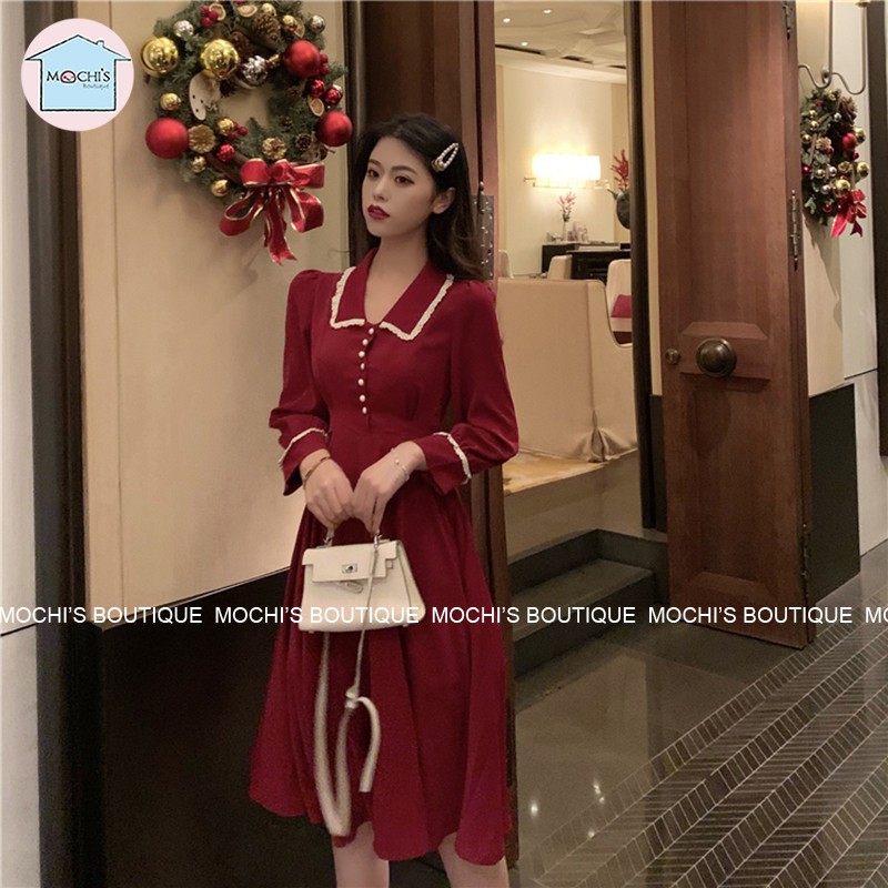 Váy đầm nữ dáng dài xòe cổ bẻ, mẫu váy đầm nữ đẹp dài tay, 2 màu đen đỏ nổi bật, chân váy dài qua gối nữ tính-M041 | BigBuy360 - bigbuy360.vn