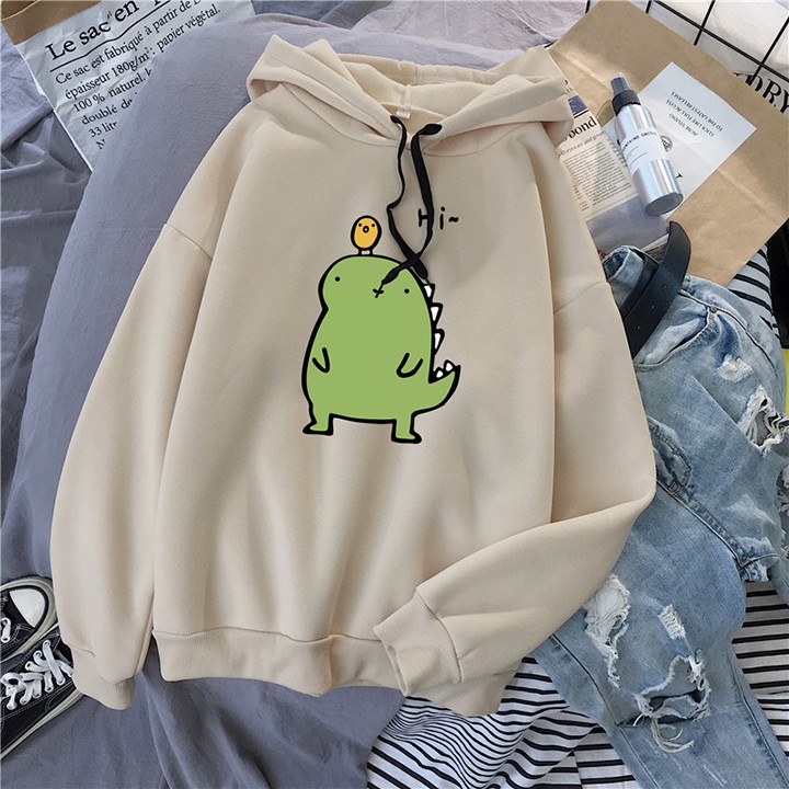 Áo Hoodie Lót Nỉ Thời Trang Nữ Áo Form Rộng Hình Khủng Long Dễ Thương Kiểu Dáng Unisex Freesize Dưới 53 kg