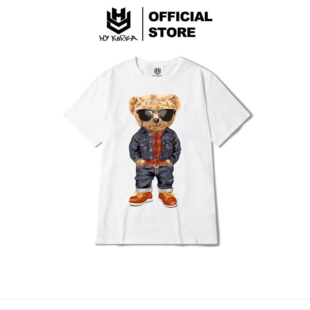Áo Thun Tay Lỡ HY KOREA In Hình Gấu Mặc Áo Khoác Da Đen 199