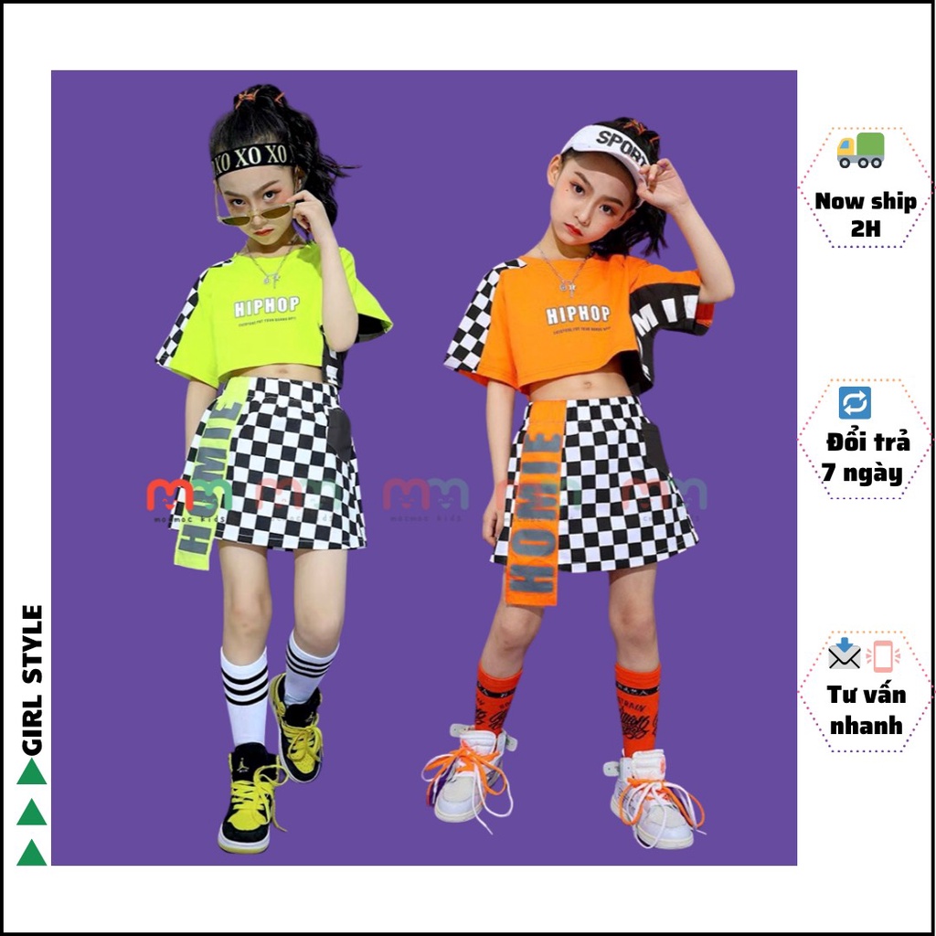 Đồ tập nhảy cho bé gái hiphop cá tính áo croptop phối váy chữ A kèm chip trong thun cotton cho bé 18kg đến 44kg