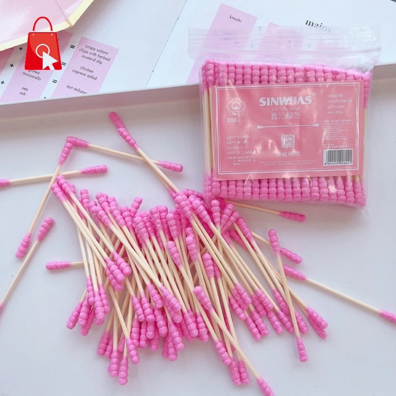 [Hàng mới về] Set 100 Tăm Bông Hai Đầu Màu Hồng Làm Sạch Tai Mũi Và Tai