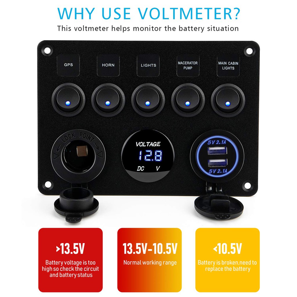 Bảng Công Tắc Đèn Led 5 Nút Chống Nước 12V Cho Tàu Thuyền Xe Hơi