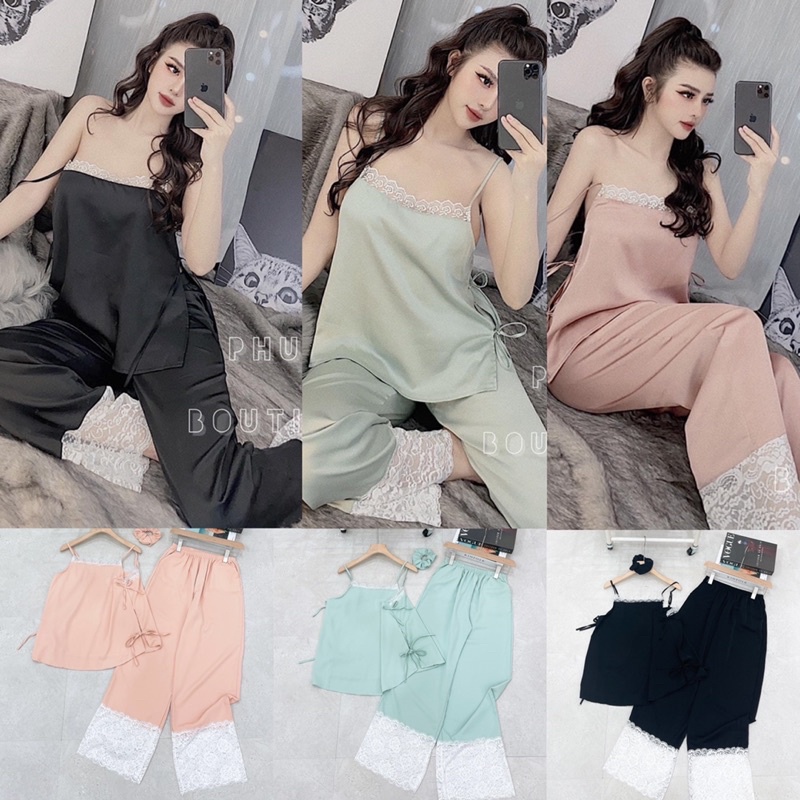 set bộ pijama mặc nhà sexy quyến rũ cột dây nơ phối ren cao cấp cực sang