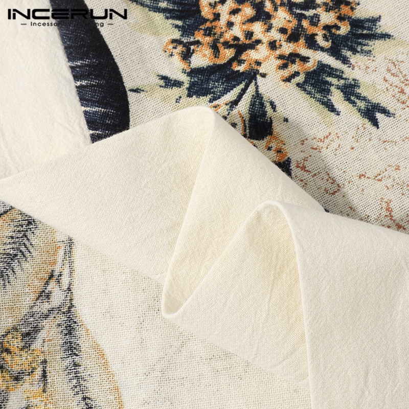 Áo cardigan INCERUN vải cotton dài tay dáng rộng+quần ngắn in họa tiết cổ điển dành cho nam