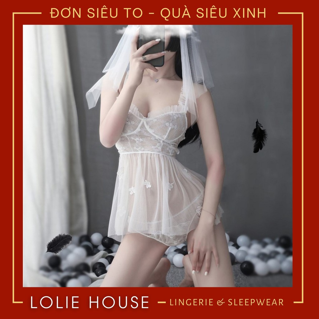 Đầm ngủ sexy cosplay cô dâu công chúa có khăn voan cài đầu - Váy ngủ cosplay cô dâu bằng voan sexy LOLIE HOUSE - CP34 | BigBuy360 - bigbuy360.vn