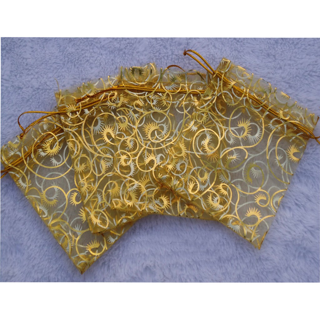 Túi vải voan có dây rút họa tiết lông vũ vàng đẹp độc lạ - namimi house