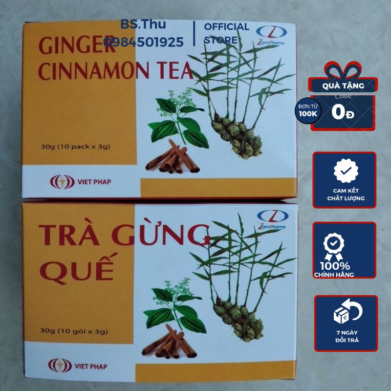 TRÀ GỪNG QUẾ VIỆT PHÁP hộp 10 gói - hỗ trợ làm ấm cơ thể, nâng huyết áp