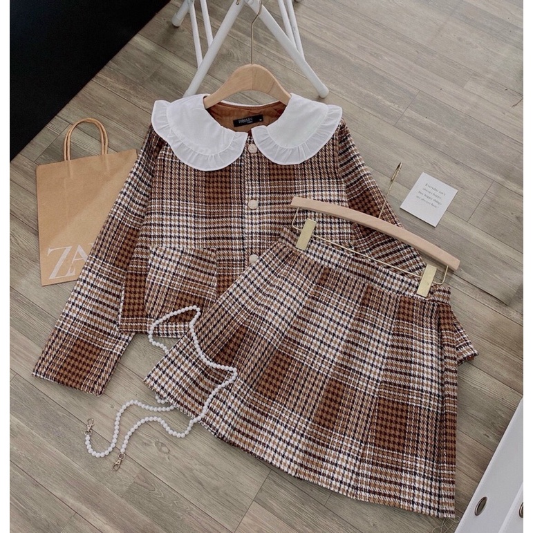 Set áo caro cổ sen tay dài,chân váy li nâu đi chơi tiệc tùng dịu dàng cưng xỉu,chất dạ tweet sang xịn mịn,nâu vintage