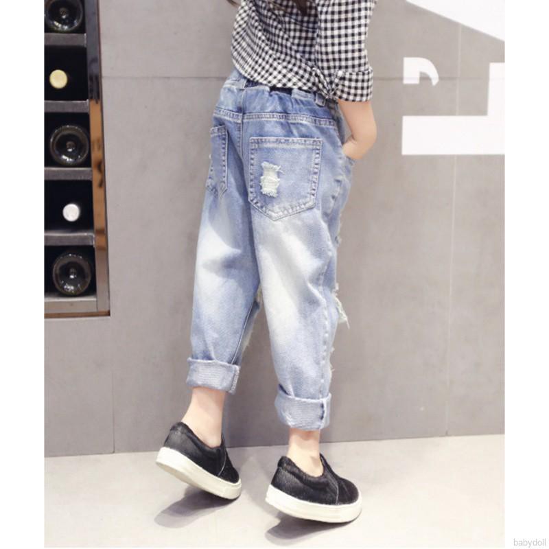 Children Ripped Hole Jeans Pants Spring Kids Broken Denim Trousers For Baby Girl