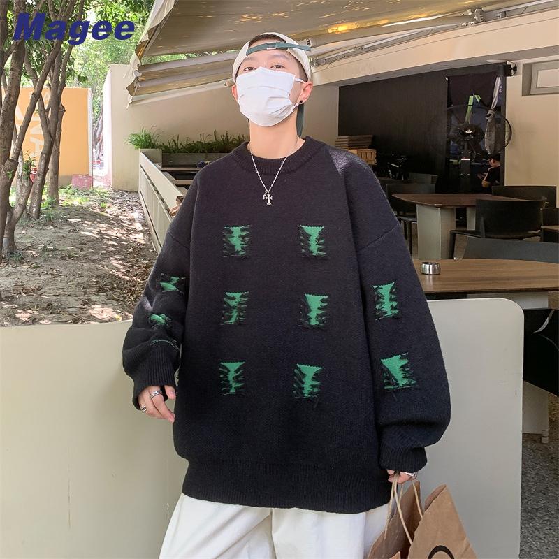 Áo sweater Dệt Kim Cổ Tròn Dáng Rộng Phong Cách Hong Kong Thời Trang Thu Đông Cho Nam
