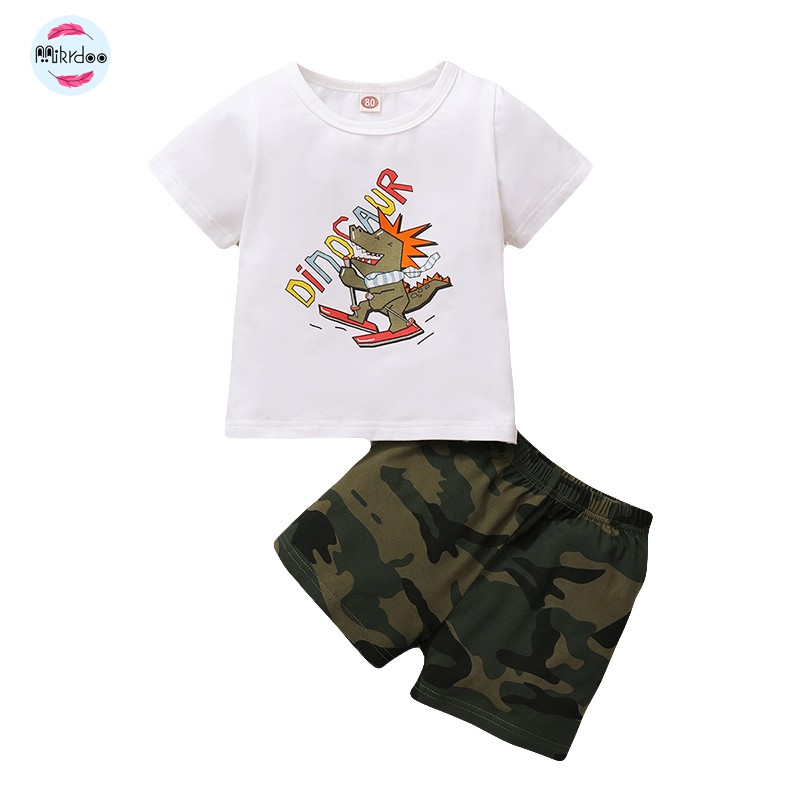 Mikrdoo Newborn Baby Boy Clothes Set Dinosaur Print Short Sleeve T-shirt Top + Camouflage Shorts Summer 2PCS Outfit