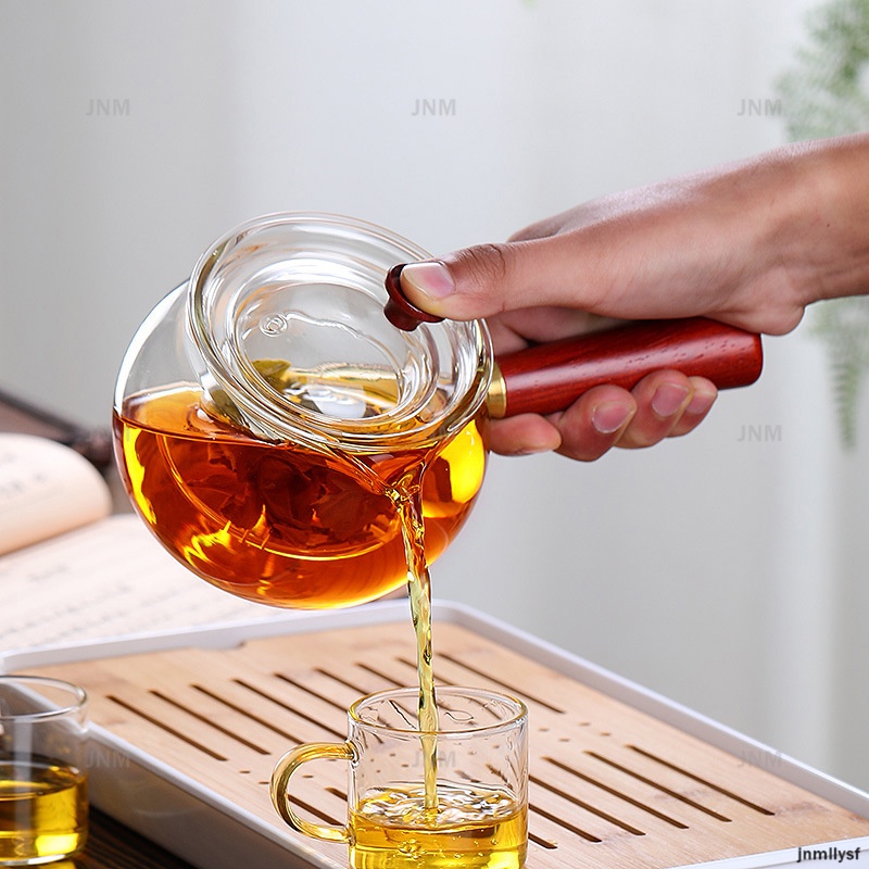 Tay cầm bằng gỗ Ấm trà thủy tinh trong suốt Chịu nhiệt Bộ trà Nhật Bản Bộ ấm trà văn phòng gia đình Tích hợp rò rỉ trà