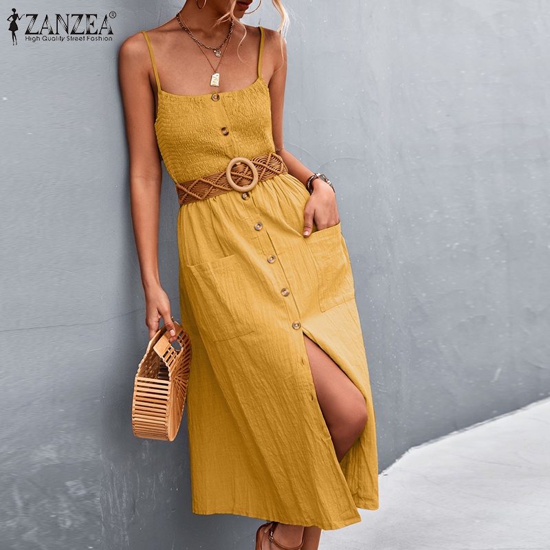 Đầm midi ZANZEA hai dây cổ vuông cài nút thời trang dành cho nữ