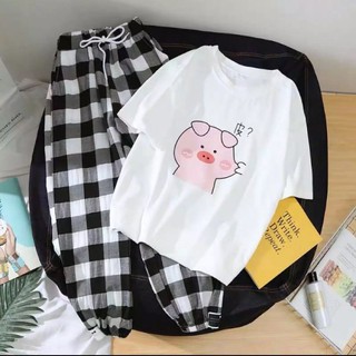 Sét Áo Lợn Bẹo Má Quần Kẻ, Sét Bộ Quần Áo Nữ Mặc Ở Nhà Mùa Hè, Áo Phông Cotton Mát Mịn, Phong Cách Hàn Quốc