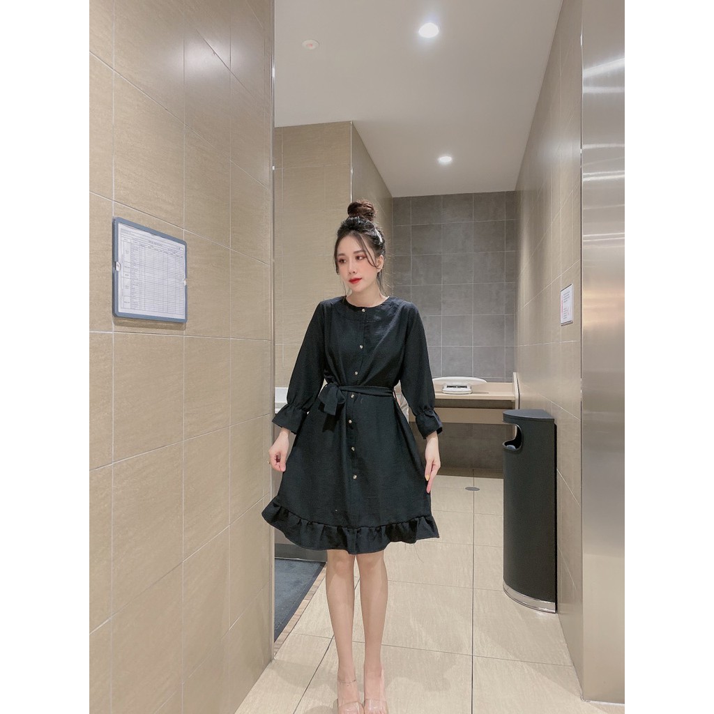 váy dáng suông dài tay cổ tròn bo tay thắt nơ chất nhung tăm | BigBuy360 - bigbuy360.vn