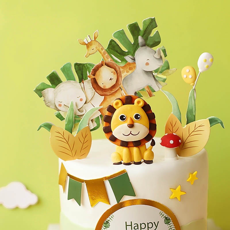 Set 5 que cắm thú HPBD tròn + cờ neo_Phụ kiện trang trí bánh