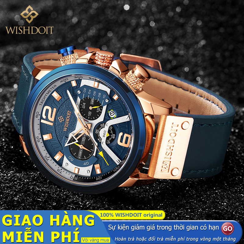 Đồng hồ đeo tay nam WISHDOIT dạ quang máy thạch anh dây da chống nước ba mặt đồng hồ đa năng phong cách thể thao