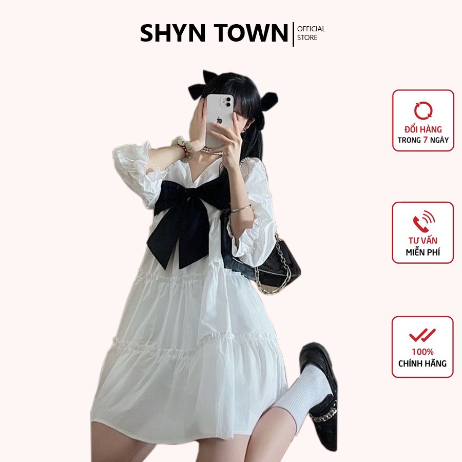 [KÈM VIDEO-ẢNH THẬT] Đầm công chúa xinh xắn 2 lớp tay phồng dáng xoè màu trắng đính nơ, Váy babydoll nữ -ShynCloset