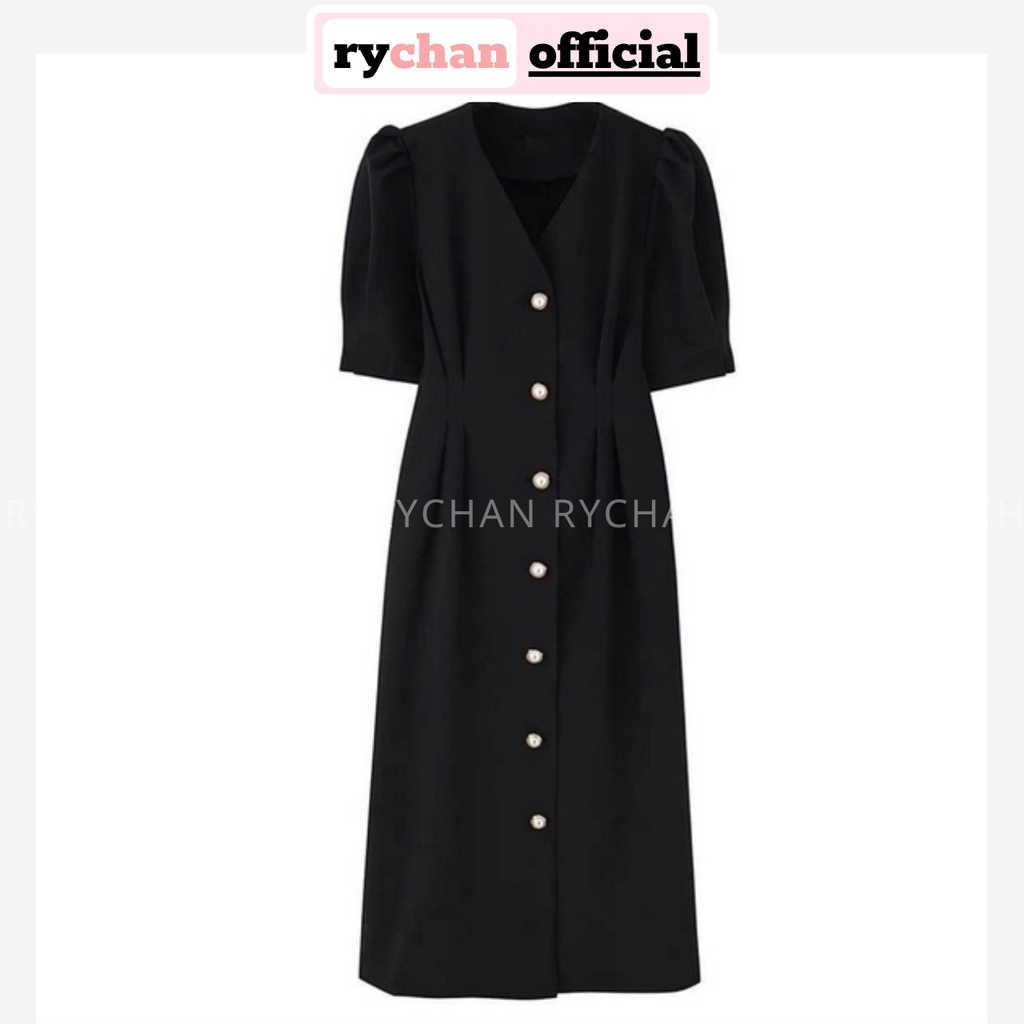 Đầm Váy Nữ Đi Chơi Cổ V Tay Ngắn Phồng Chiết Eo Nút Ngọc Form Dài Thanh Lịch Sang Trọng Màu Đen [ẢNH THẬT CUỐI] - DX9732