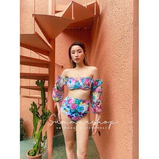 BIKINI 2 mảnh cúp độn đẩy dài tay cạp cao voan hoa hồng
