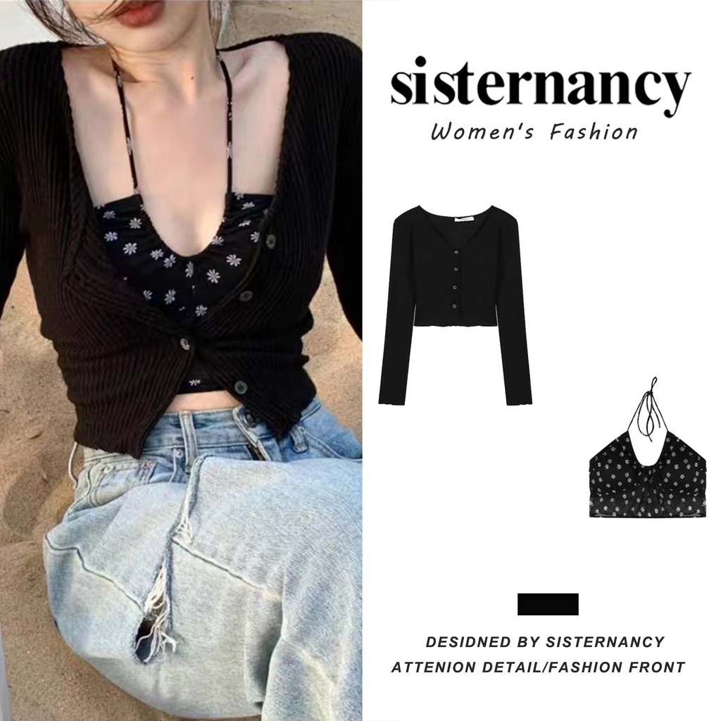 Set đồ COZOKC gồm áo hoa không tay và áo sơ mi dài tay quyến rũ dành cho nữ