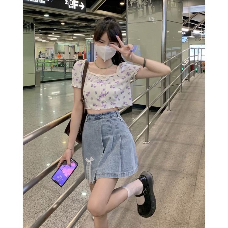 Chân váy jean XIAOZHAINV dáng chữ A lưng cao xếp ly thời trang Hàn Quốc cho nữ