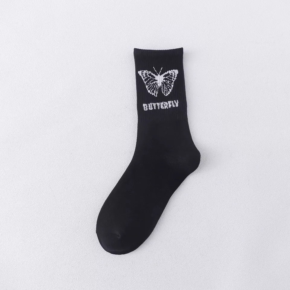 [Mã FAMARAL1 giảm 10K đơn 50K]Tất cổ cao Bateno vớ dài cotton unisex in hình butterfly cực đẹp TN38