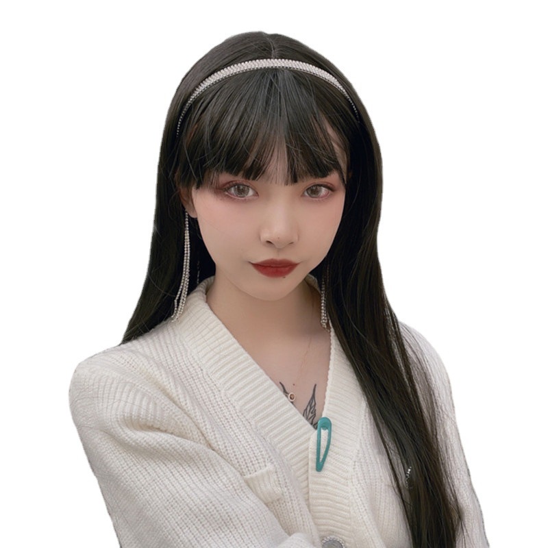 Tóc giả dài thẳng tay lửng phối tua rua pha lê có thể tháo rời cho nữ