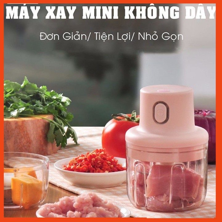 Máy Xay Mini Sạc Điện, Có Cổng Sạc Usb, Xay Hành, Tỏi, Rau Củ Quả