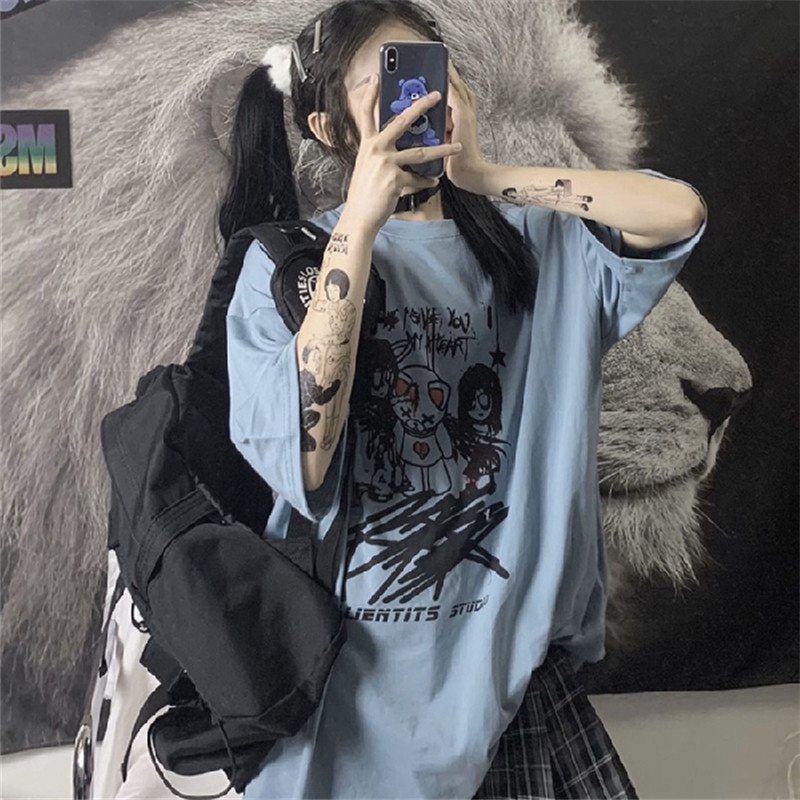 2021 new summer clothes Korean version ins Harajuku style long short sleeve t-shirt female loose net red blue top hip hop trend