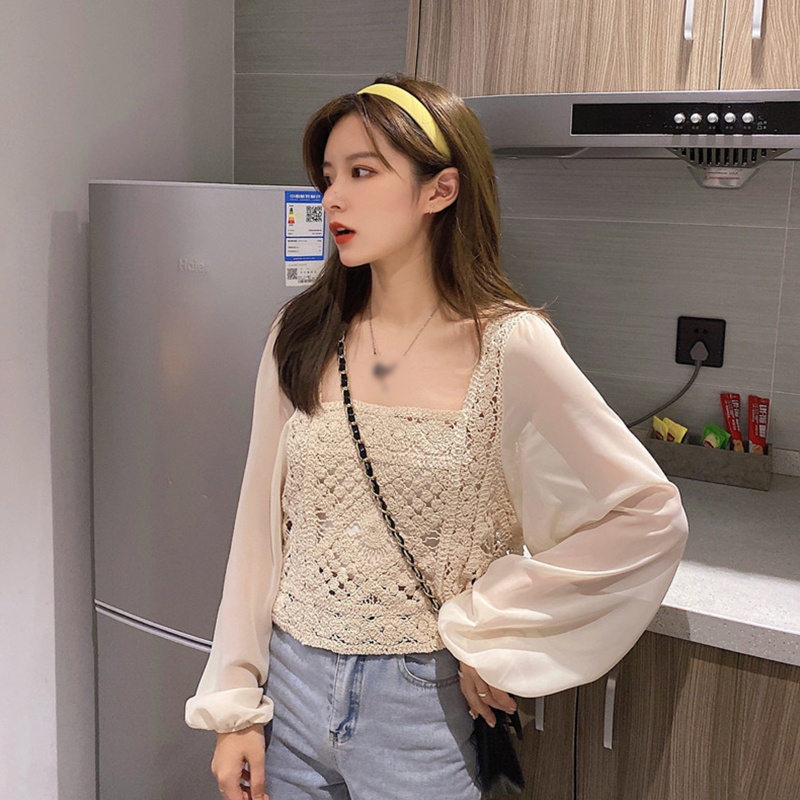 Brroa Áo Sweater Dệt Kim Dáng Rộng Tay Phồng Dài Cổ Vuông Phối Ren Hình Học Ghép Nối Cho Nữ