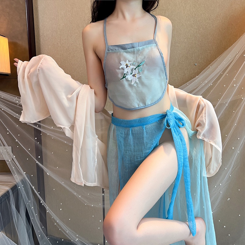 Váy ngủ xẻ tà + yếm + áo choàng họa tiết hoa 342 | BigBuy360 - bigbuy360.vn