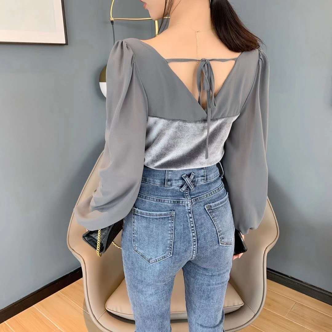 Áo Kiểu Vải Voan Tay Phồng Cổ Chữ V Phối Dây Rút Thời Trang Trẻ Trung | BigBuy360 - bigbuy360.vn
