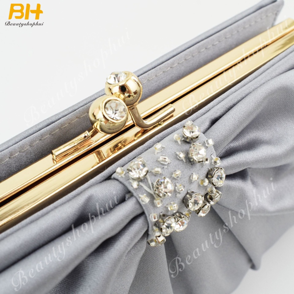 Túi Xách Đeo Vai Satin Nhăn Màu Trơn Đính Nơ Kim Cương Kim Cương Kiểu Âu Mỹ Dự Tiệc Tối Mới Cho Nữ