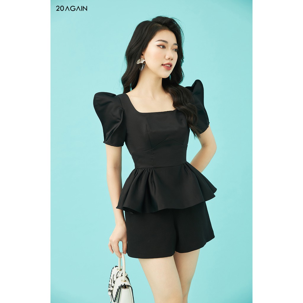 Áo sơ mi nữ cổ vuông tay bồng 20AGAIN, thiết kế dáng peplum, tôn dáng ASA0638