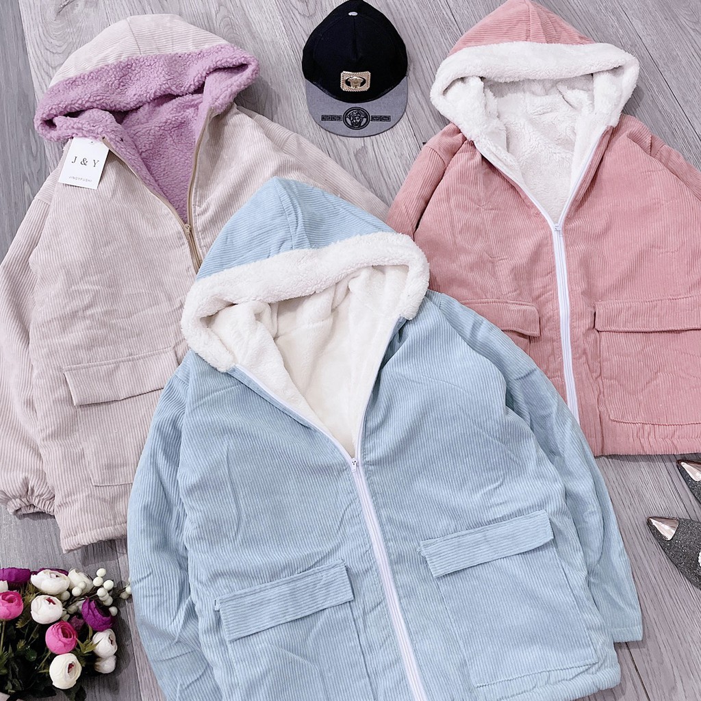 Áo Khoác Nữ Lót Lông 2 Lớp,Áo Khoác Nhung Tăm Khóa Kéo Có Mũ Kiểu Dáng Hàn Quốc Cực Xinh | BigBuy360 - bigbuy360.vn