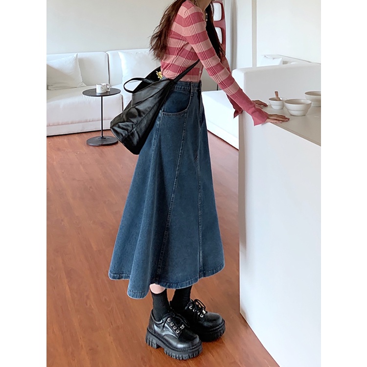 (ORDER) Chân váy Jeans cạp cao xòe rộng dài điệu đà style vintage Hong Kong (hàng mới hot)