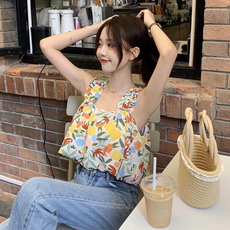 Áo Hai Dây Họa Tiết Hoa Thiết Kế Mỏng Xinh Xắn Thời Trang Dành Cho Nữ