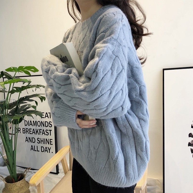 Áo len nữ vặn thừng cổ tròn dệt kim mềm mịn form rộng nhiều màu