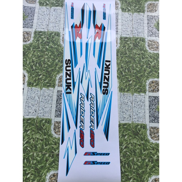 Tem rời chế Raider xăng cơ. Xe xanh, chỉ trắng. Thay đổi màu sắc và chi tiết theo yêu cầu. Sắc nét, bền màu