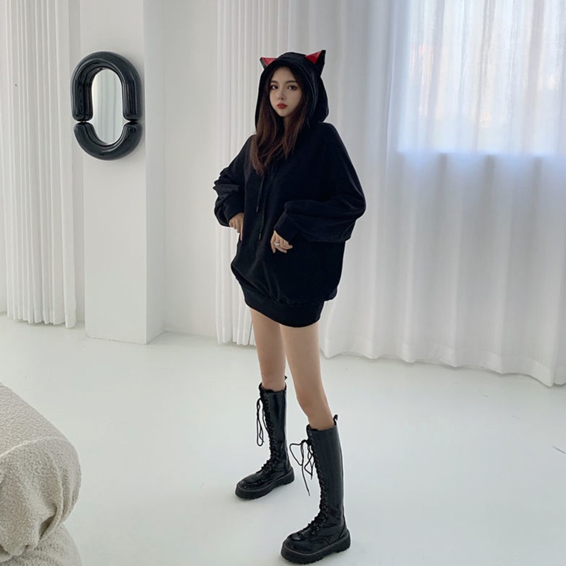 Áo Hoodie Tay Dài Dáng Rộng Phối Dây Rút Đính Tai Mèo Phong Cách Gothic Dễ Thương Cho Nữ