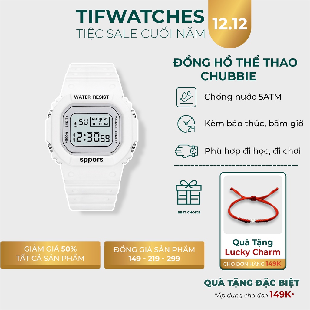 Đồng hồ thể thao nam nữ CHUBBIE trắng đồng hồ điện tử unisex Watchesbytif size 35mm kèm báo thức bấm giờ đi học đi chơi